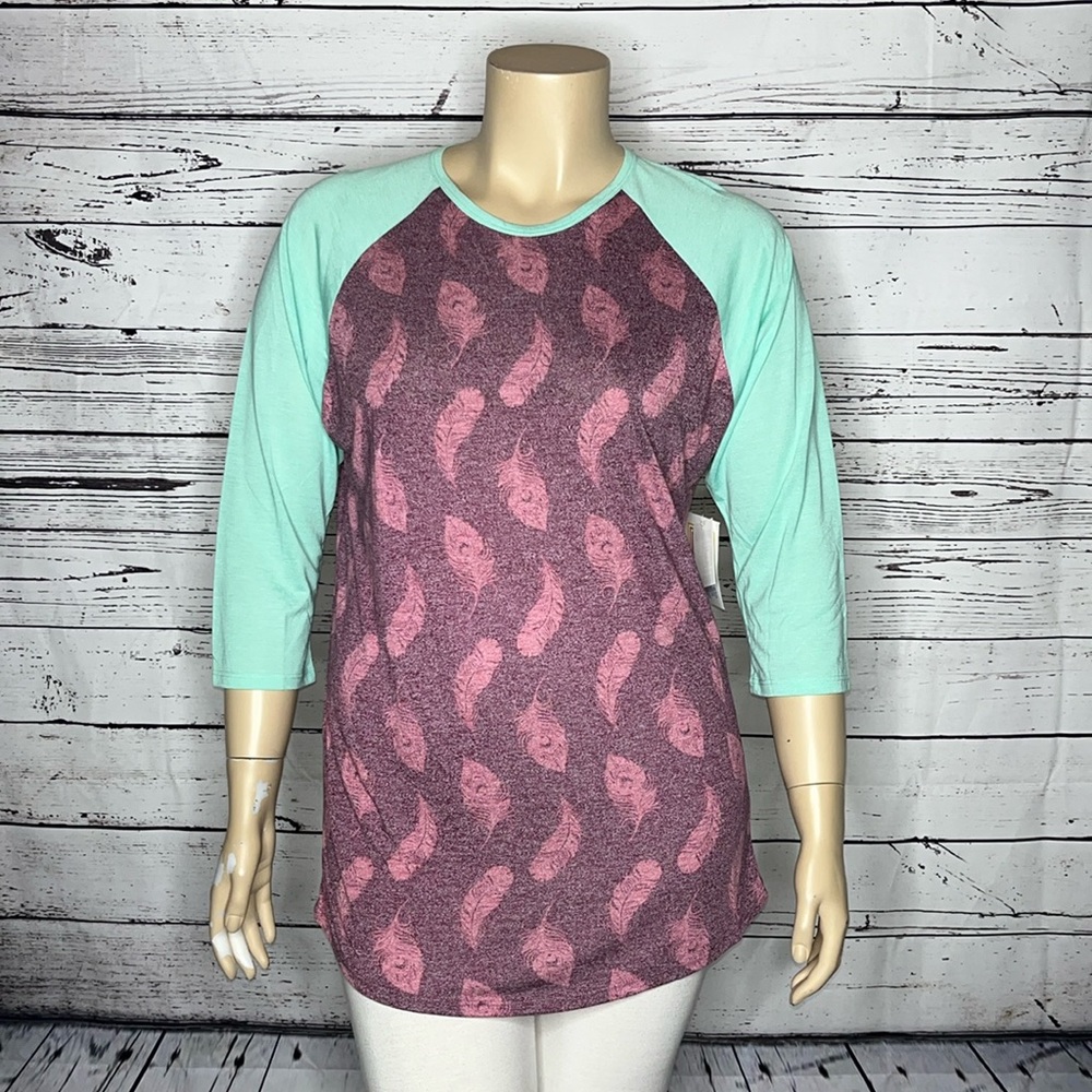 LuLaRoe NWT Size 2XL Mint - Purple Feather Print Randy Knit Top Shirt